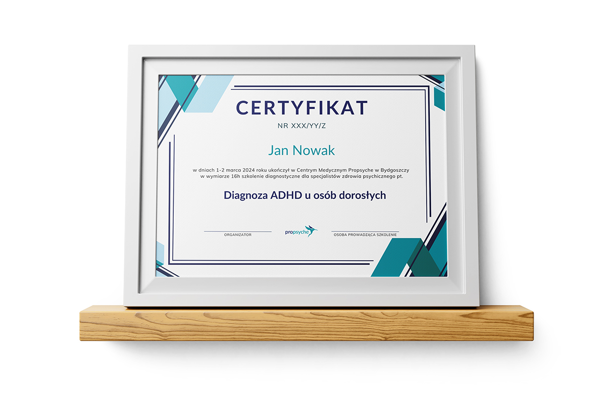 Wzór certyfikatu ukończenia szkolenia z diagnozy ADHD u dorosłych (DIVA-5), 16 godzin